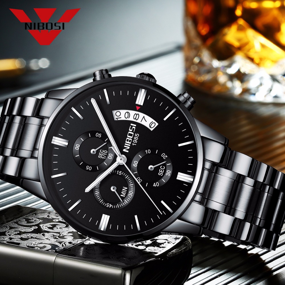 Luxury Watch Investment - NIBOSI Stainless Steel Black Quartz Watch